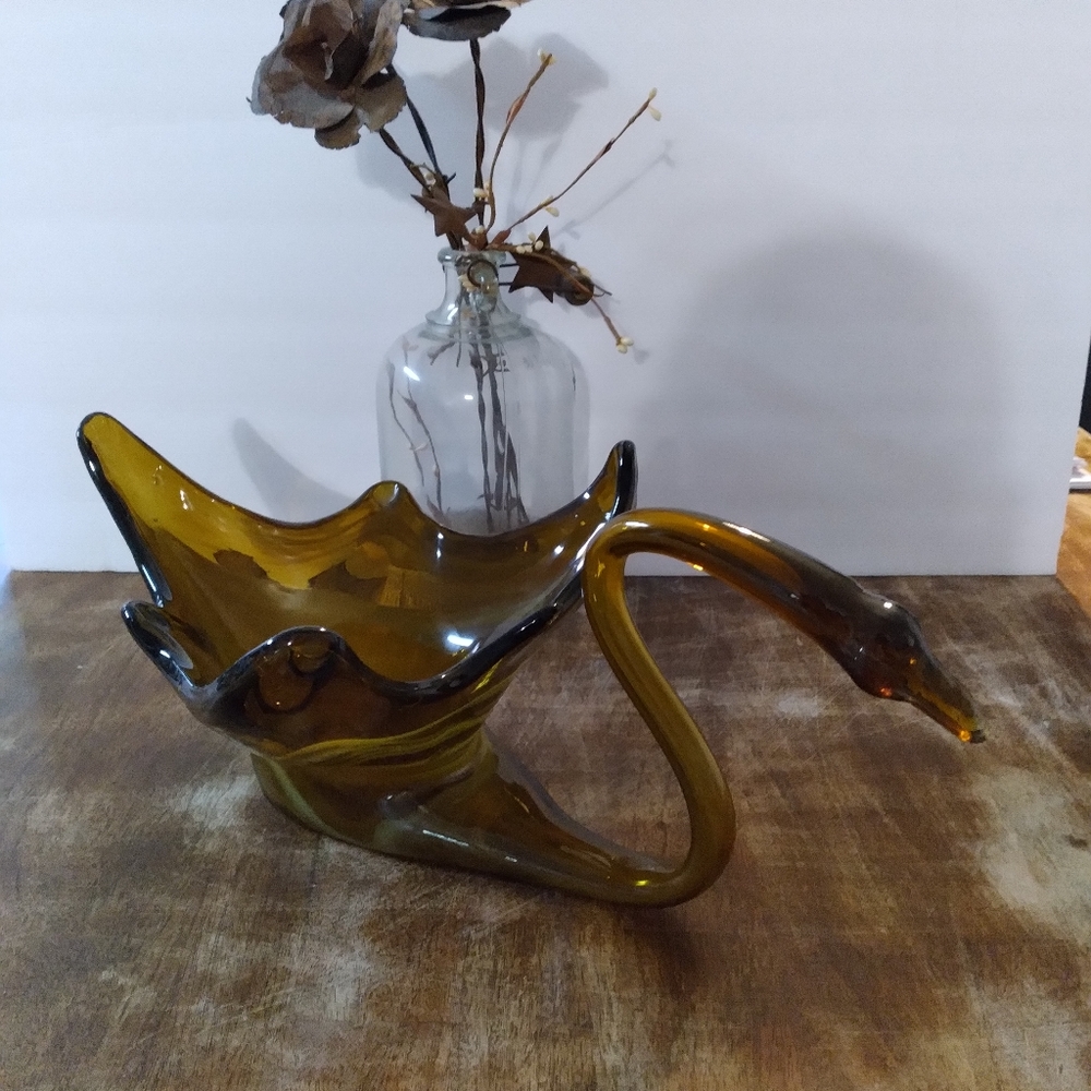 Vintage Hand Blown Glass Swan Bowl